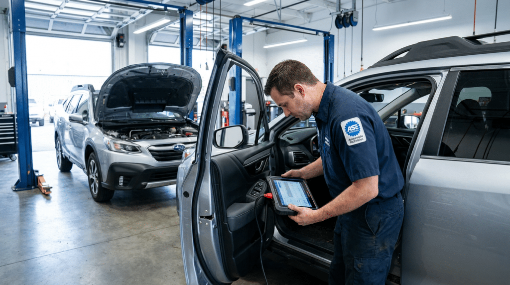 A mechanic uses a diagnostic tablet inside a car, ensuring a stress-free diagnostic process, while another car with its hood open is parked nearby in an auto repair shop.
