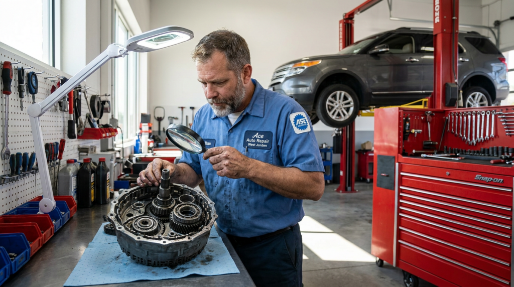 A mechanic in a blue uniform examines a car transmission with a magnifying glass, highlighting a transparent approach to transmission repair; in the background, a family car is elevated on a lift.