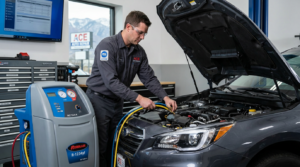 A mechanic uses an air conditioning service machine to check and refill the AC system of a car with its hood open, addressing causes of Car AC blowing warm air and providing quick fixes inside an auto repair shop.