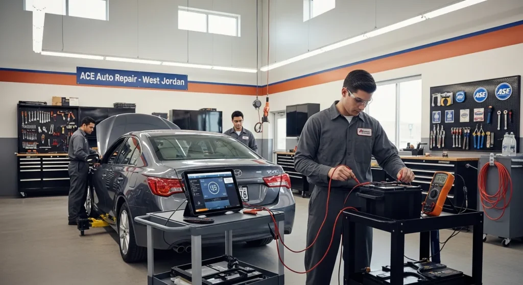 Three auto technicians in a West Jordan repair shop work on diagnostics for a gray car; one uses equipment to test a car battery while others perform alternator repair and maintenance in the background.