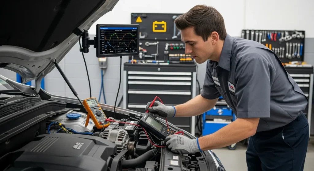A mechanic in West Jordan, Utah tests a car engine for alternator repair using diagnostic equipment—a multimeter and a tablet displaying data—while toolboxes and tools are visible in the workshop background.