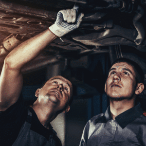 Two mechanics inspect the underside of a vehicle, with one pointing upwards while both look for issues like a transmission seal leak or other car parts in need of repair in a garage setting.