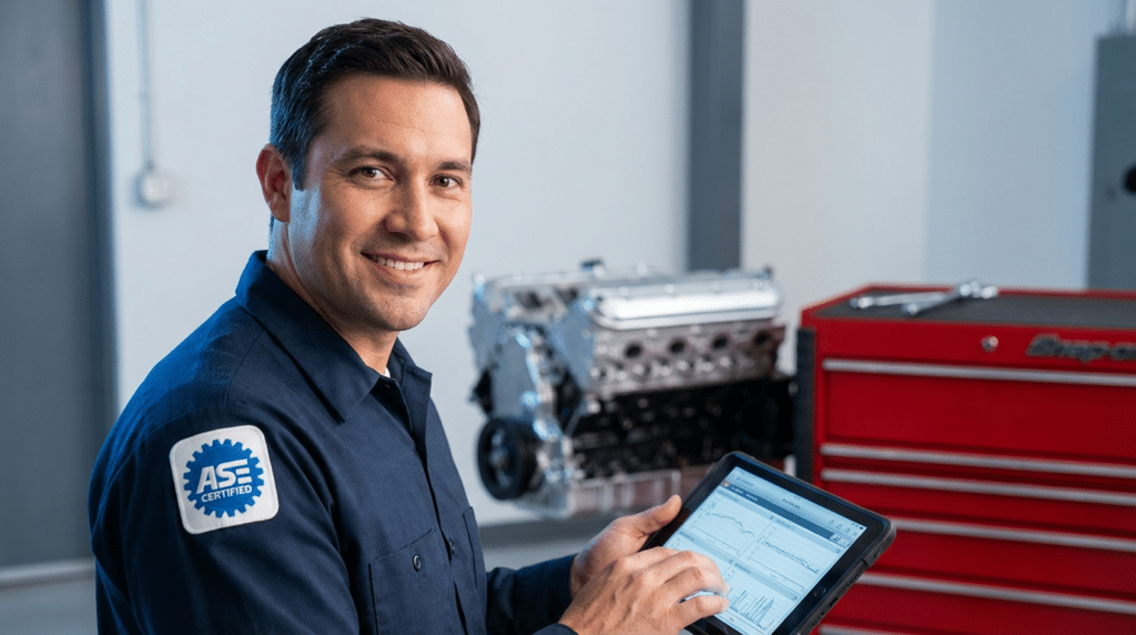 A mechanic in a blue ASE Certified uniform uses a tablet in a West Jordan garage, with an engine and a red tool chest in the background—demonstrating transparency throughout every engine repair.