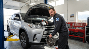 An auto mechanic stands beside a lifted SUV with its hood open, holding a diagnostic tablet and a removed transmission component, showcasing a stress-free transmission repair process in a garage workshop.