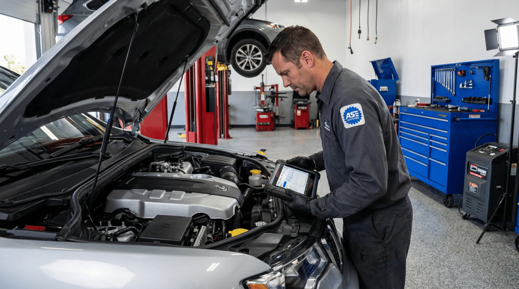 A mechanic in uniform uses a tablet to inspect a car engine in a professional West Jordan auto repair shop.