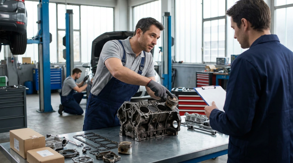 Two mechanics in a workshop discuss an engine block on a workbench, surrounded by engine parts and tools. One writes on a clipboard while the other gestures at the engine, considering options for an engine rebuild and discussing engine rebuild cost.