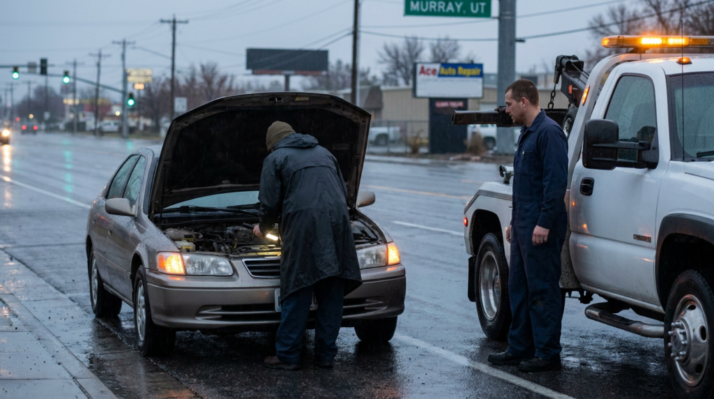 A person inspects the engine of a car with the hood open on a rainy street in Murray, UT, while a tow truck driver stands nearby, ready to assist with expert mechanics from a local auto repair shop.