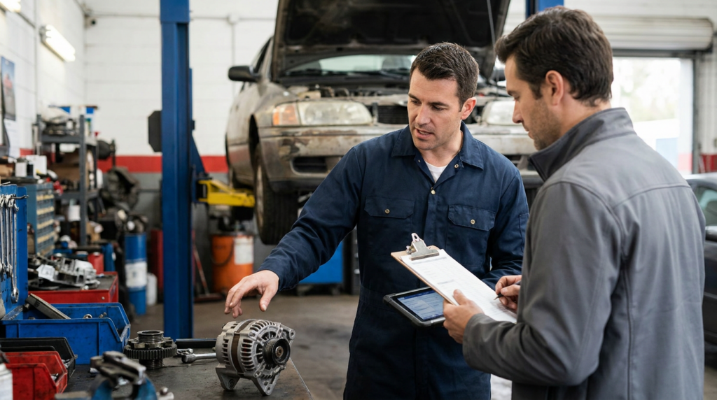 Two men in a garage discuss a mechanical part on a workbench, referencing an alternator repair guide as they inspect the component; a car is lifted in the background, and one man holds a clipboard, likely noting down alternator repair cost estimates.