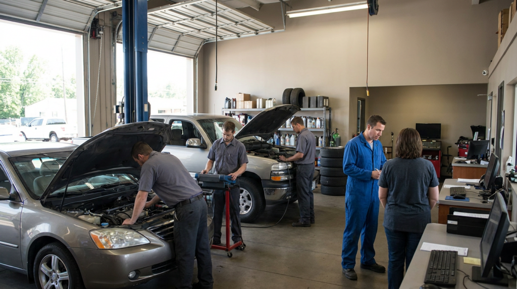 Four auto mechanics work on two cars in a Kearns, Utah repair shop, while another expert mechanic stands at a counter with a computer. Shelves with tires and tools are visible in the background.