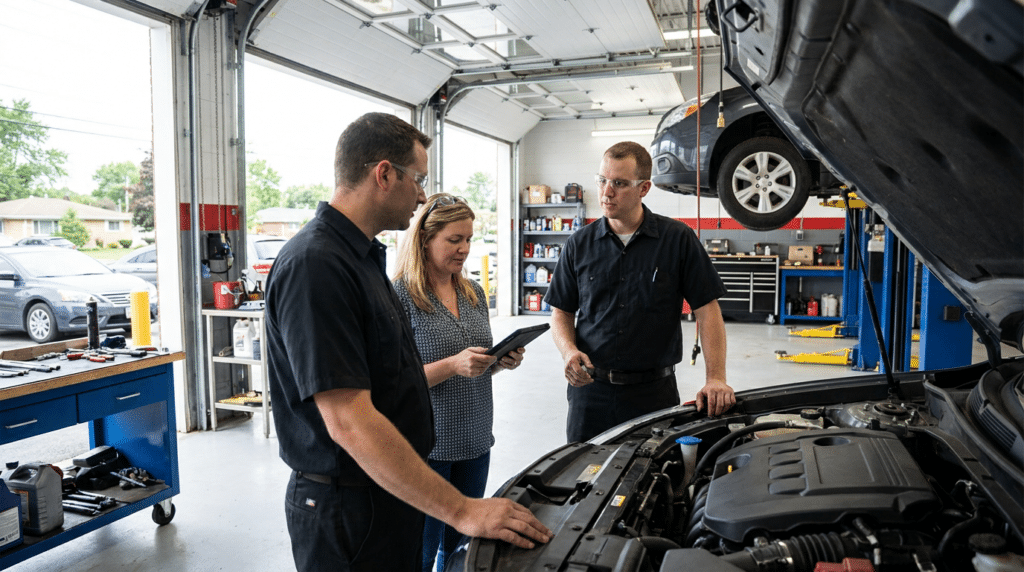 Three people stand by an open car hood in a Taylorsville, Utah auto repair shop; one woman holds a tablet while two auto mechanics in black uniforms listen attentively.