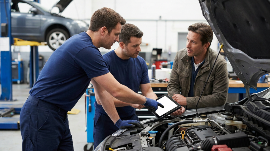 Three men stand by a car with the hood open in an auto repair shop; two in blue uniforms look at a tablet while explaining the diagnostic process to a man in a jacket, ensuring he has a clear and stress-free experience.