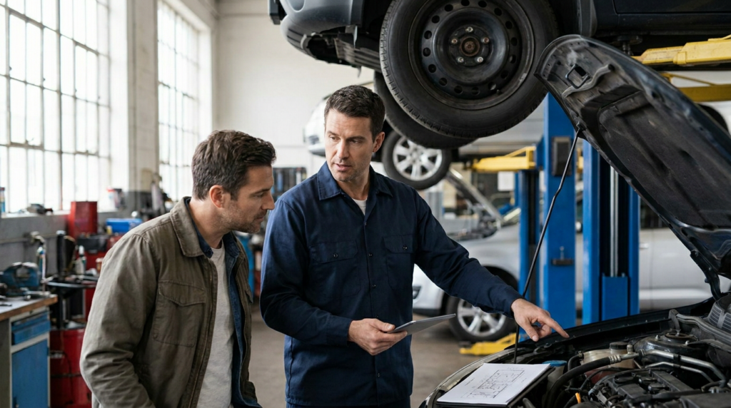Two men stand in an auto repair shop; one holds a tablet and points at a car engine while discussing transmission fluid service as the other listens. A car is raised on a lift in the background, emphasizing the importance of understanding service cost and pricing.