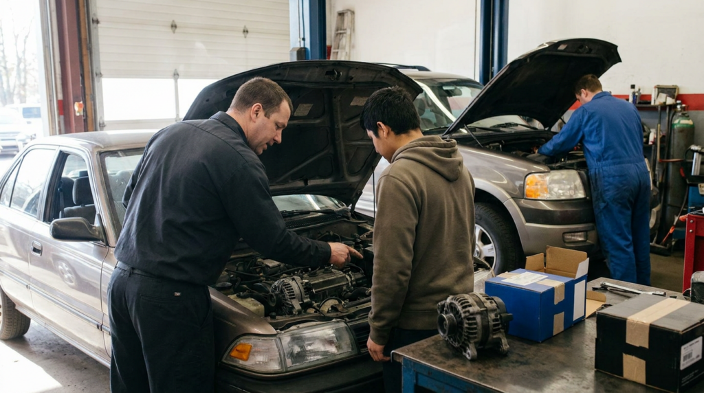 Two men stand beside a car with its hood open, examining the engine, while another person works on a second car in the background inside an auto repair shop, discussing alternator repair and potential repair cost.