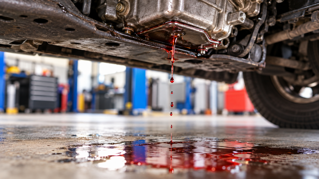 Used motor oil dripping from the underside of a car engine onto a shop floor during a transmission leak repair.