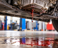 Used motor oil dripping from the underside of a car engine onto a shop floor during a transmission leak repair.