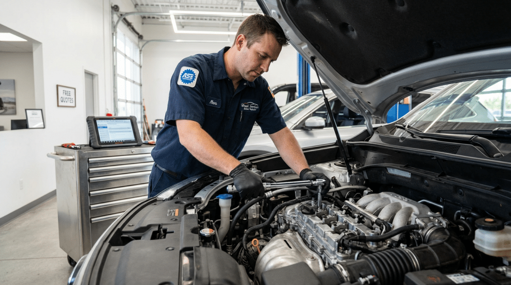 A mechanic wearing gloves inspects a car engine in a Bluffdale auto repair shop, with a tool chest and computer nearby.