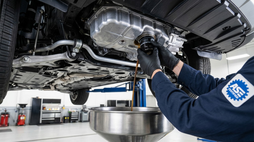 A mechanic performs a professional oil change, draining oil from a car’s engine into a pan. The car is lifted, revealing the undercarriage and engine components—an essential step in routine car maintenance to prevent engine wear.