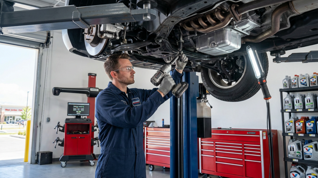 An expert mechanic in blue coveralls works on the underside of a car lifted on a hydraulic lift at a Salt Lake City auto repair shop.