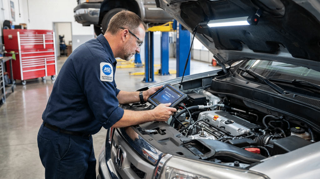 A mechanic uses a diagnostic tablet to inspect the engine of a car in a West Jordan auto repair shop, ensuring transparency throughout the engine repair process.