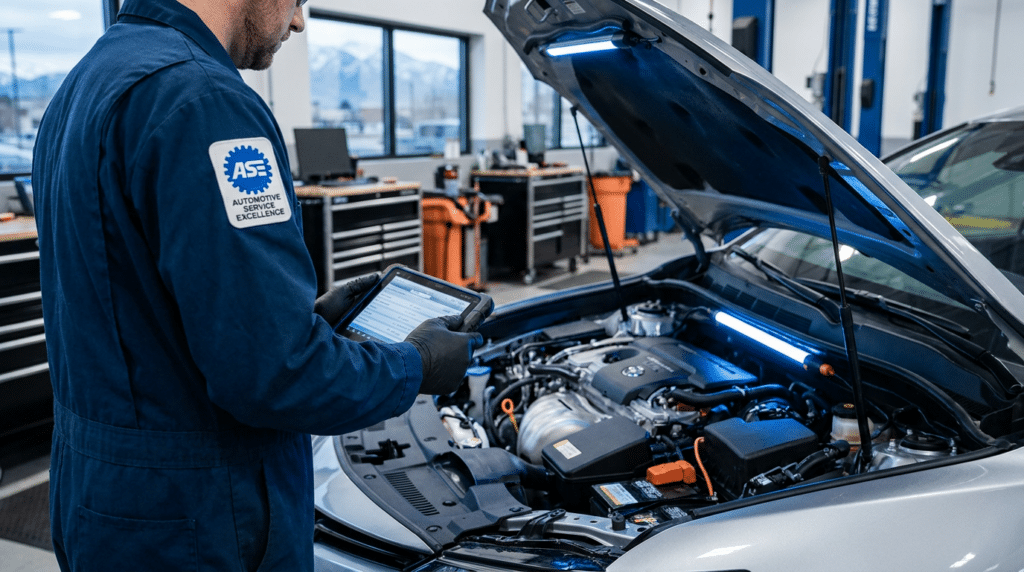 A mechanic in a blue uniform uses a diagnostic tablet to check a car's engine at an auto repair shop in South Salt Lake, UT. The car's hood is open, tools are visible, and driveline repair services are offered.