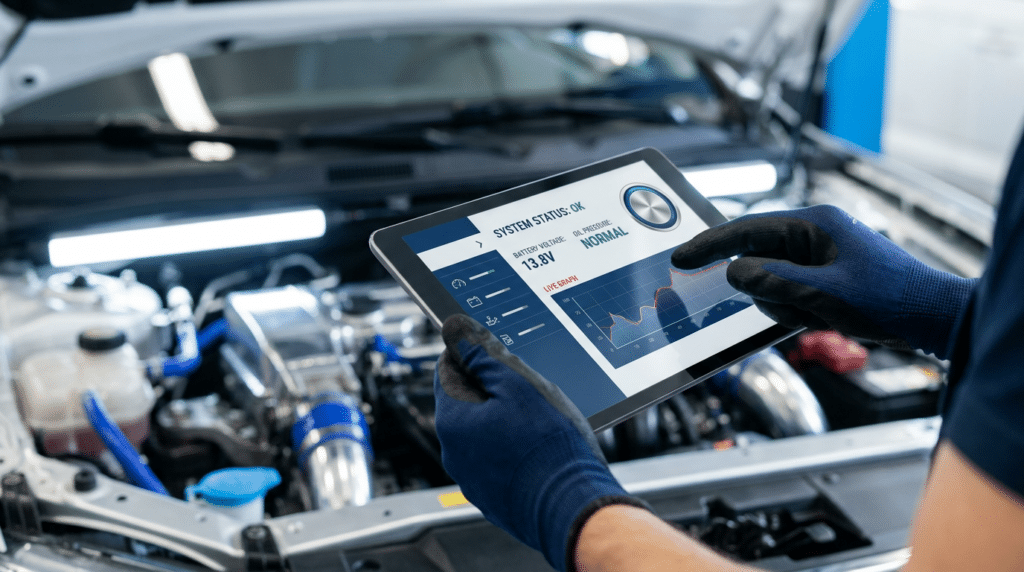 A person wearing gloves holds a tablet displaying a stress-free diagnostic process for car system diagnostics in front of an open car hood in a workshop.