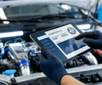 A person wearing gloves holds a tablet displaying a stress-free diagnostic process for car system diagnostics in front of an open car hood in a workshop.