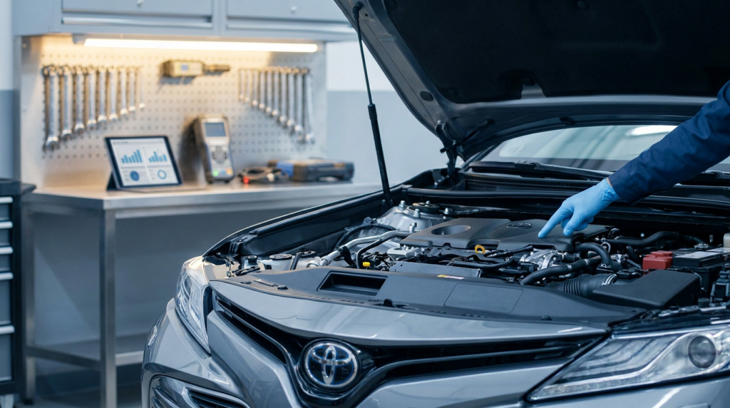 A person wearing gloves inspects the engine of a Toyota car in an auto repair shop, where tools and diagnostic equipment reflect a transparent approach to servicing often valued by family car owners.
