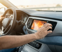 Person adjusting the touchscreen display on a car dashboard while driving on a highway, possibly checking for car AC fixes after noticing the car AC blowing warm air.