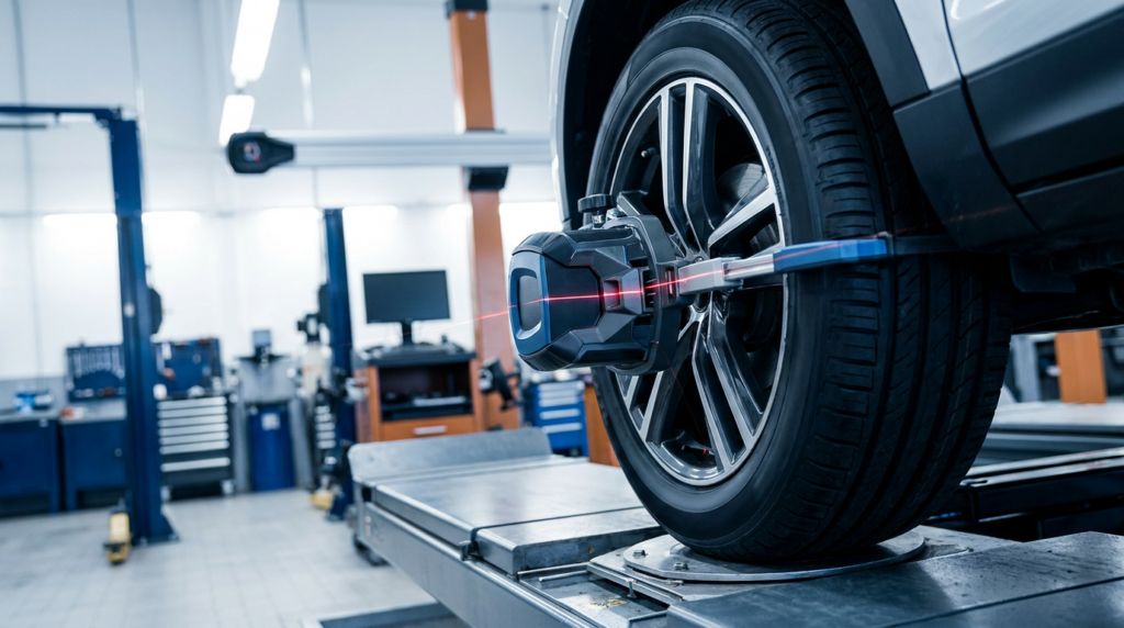 A wheel alignment tool with a laser is attached to a car tire in an auto repair shop, helping ensure precise adjustments for cars & trucks throughout Salt Lake County.