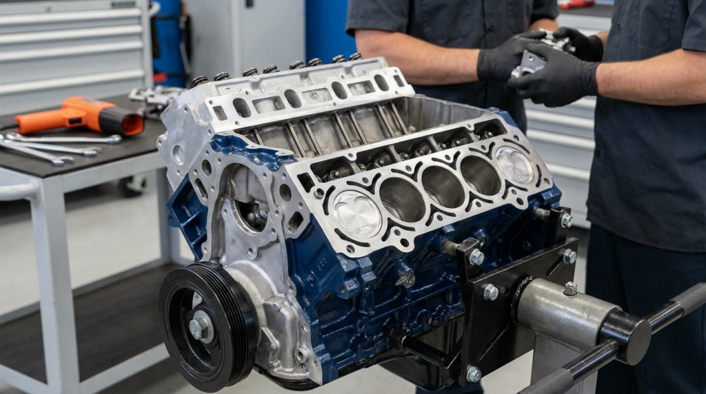 Two people wearing gloves work on a partially assembled car engine mounted on a stand in an automotive workshop, discussing engine rebuild cost and detailing their engine rebuild services.