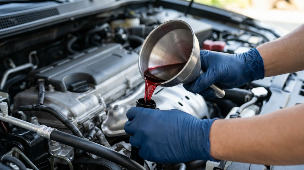 A person wearing blue gloves pours red transmission fluid into a car engine using a metal funnel, following the steps outlined in a reliable transmission service guide.