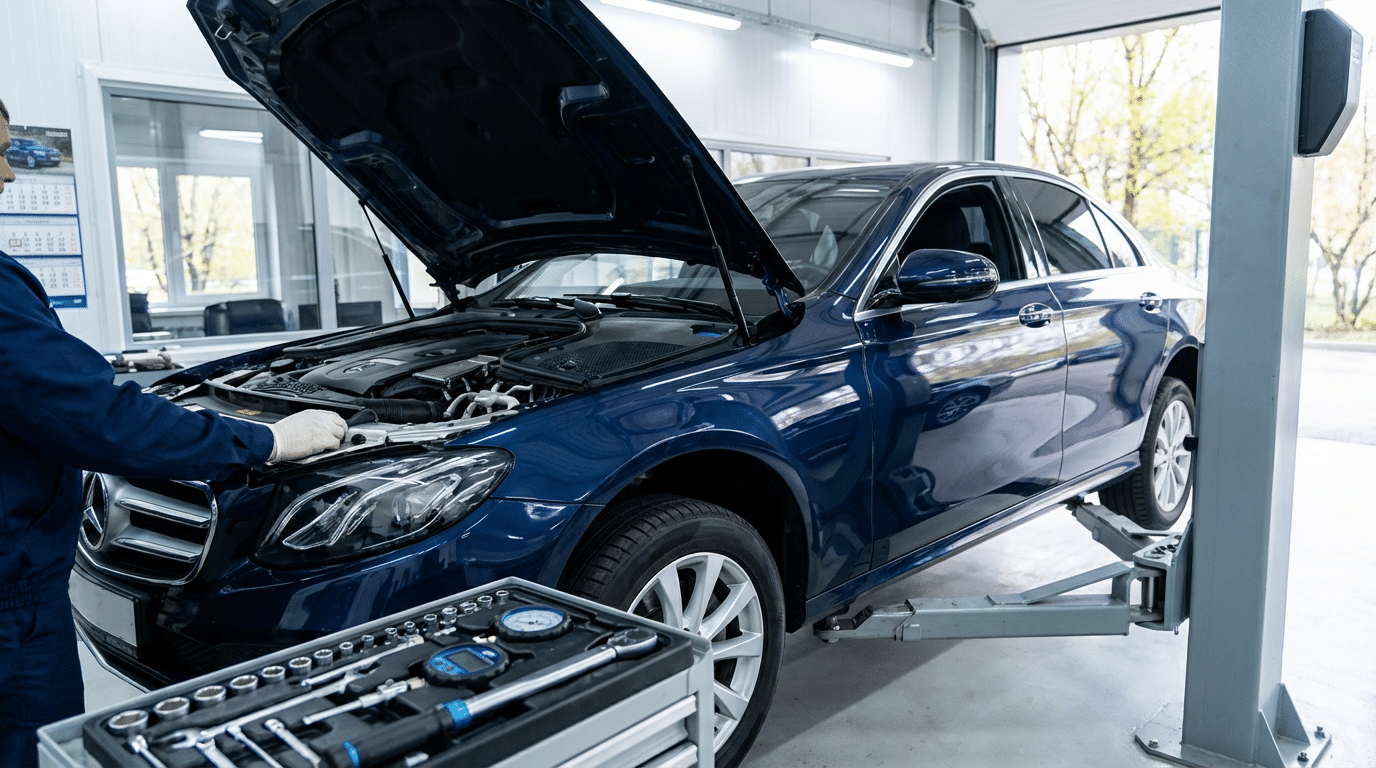 A mechanic examines a blue Mercedes-Benz sedan with its hood open, raised on a hydraulic lift in an auto repair shop; various tools are visible in the foreground, highlighting the importance of a seasonal car maintenance checklist.