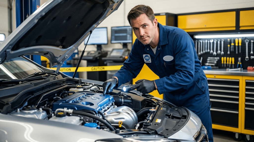 An ASE Certified auto mechanic in blue coveralls examines a car engine with a flashlight in a South Jordan repair shop, surrounded by tools and diagnostic equipment.
