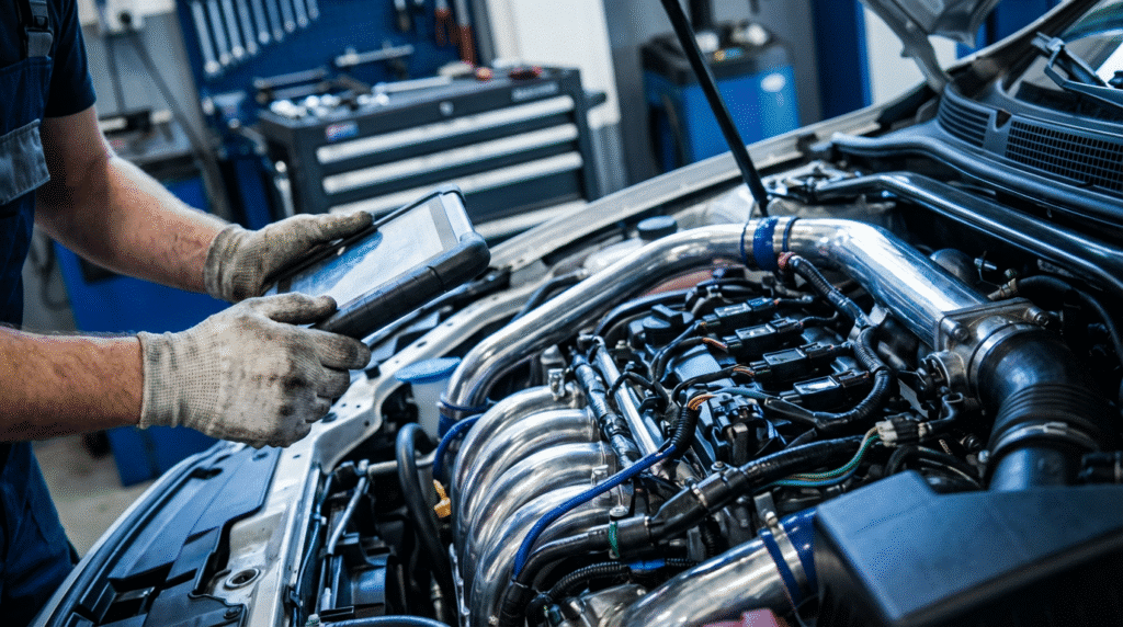An auto mechanic in Bountiful UT, wearing gloves, uses a diagnostic tablet to inspect a car's engine in a busy workshop.