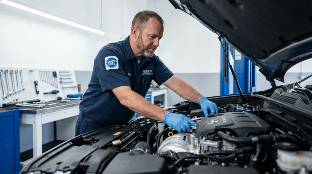 A mechanic in blue gloves and a uniform inspects a car’s engine in a well-lit West Jordan workshop, where tools are neatly organized on the wall, reflecting transparency and professionalism in engine repair.