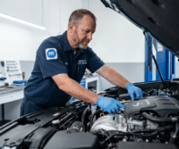 A mechanic in blue gloves and a uniform inspects a car’s engine in a well-lit West Jordan workshop, where tools are neatly organized on the wall, reflecting transparency and professionalism in engine repair.