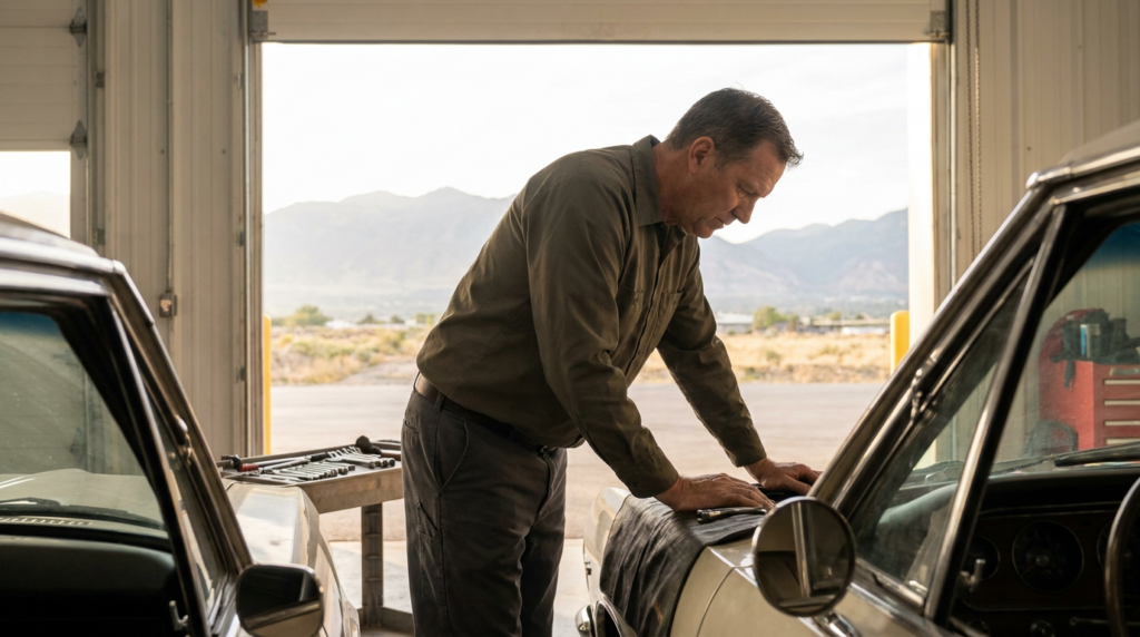 An expert mechanic stands in a garage working on a car with tools nearby. Through the open garage door, the picturesque mountains and fields of Utah are visible outside.