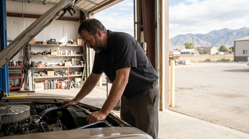 A man, who appears to be an expert mechanic, inspects the engine of a car with its hood open inside a garage in Kearns, Utah; shelves of tools line the walls and an open door reveals mountains outside.