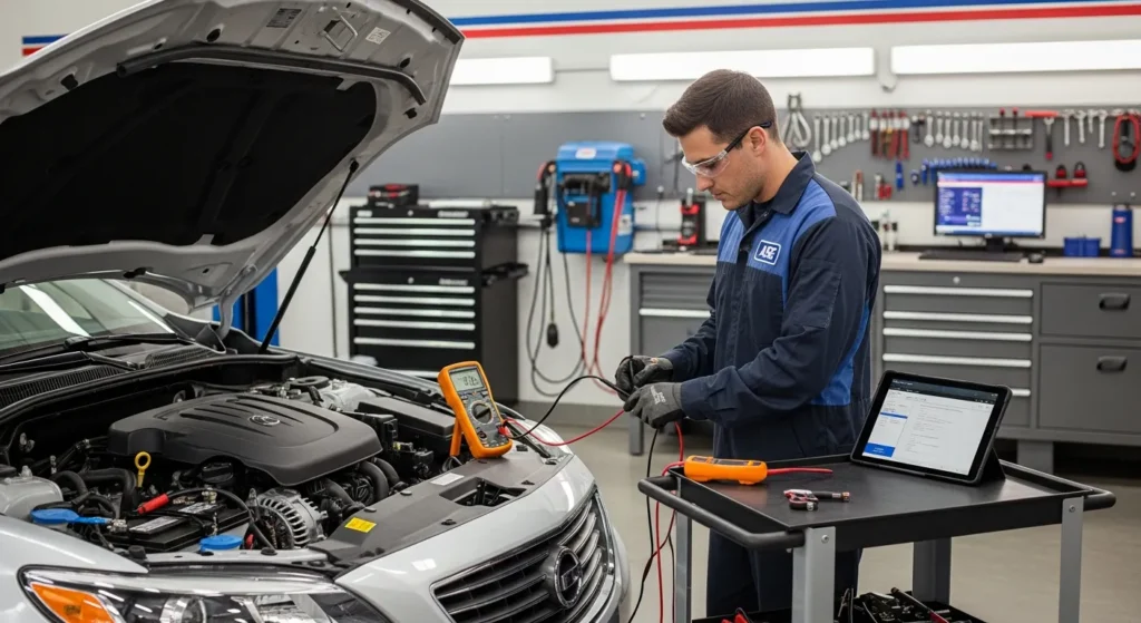 A mechanic in West Jordan, Utah, uses diagnostic tools to test a car engine for issues like alternator repair in an auto repair shop with various equipment and tools visible in the background.