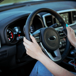 Driver noticing off-center steering wheel while car pulls sideways