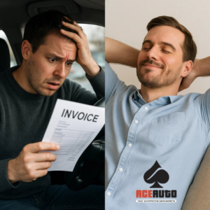 Driver comparing transmission repair costs and replacement